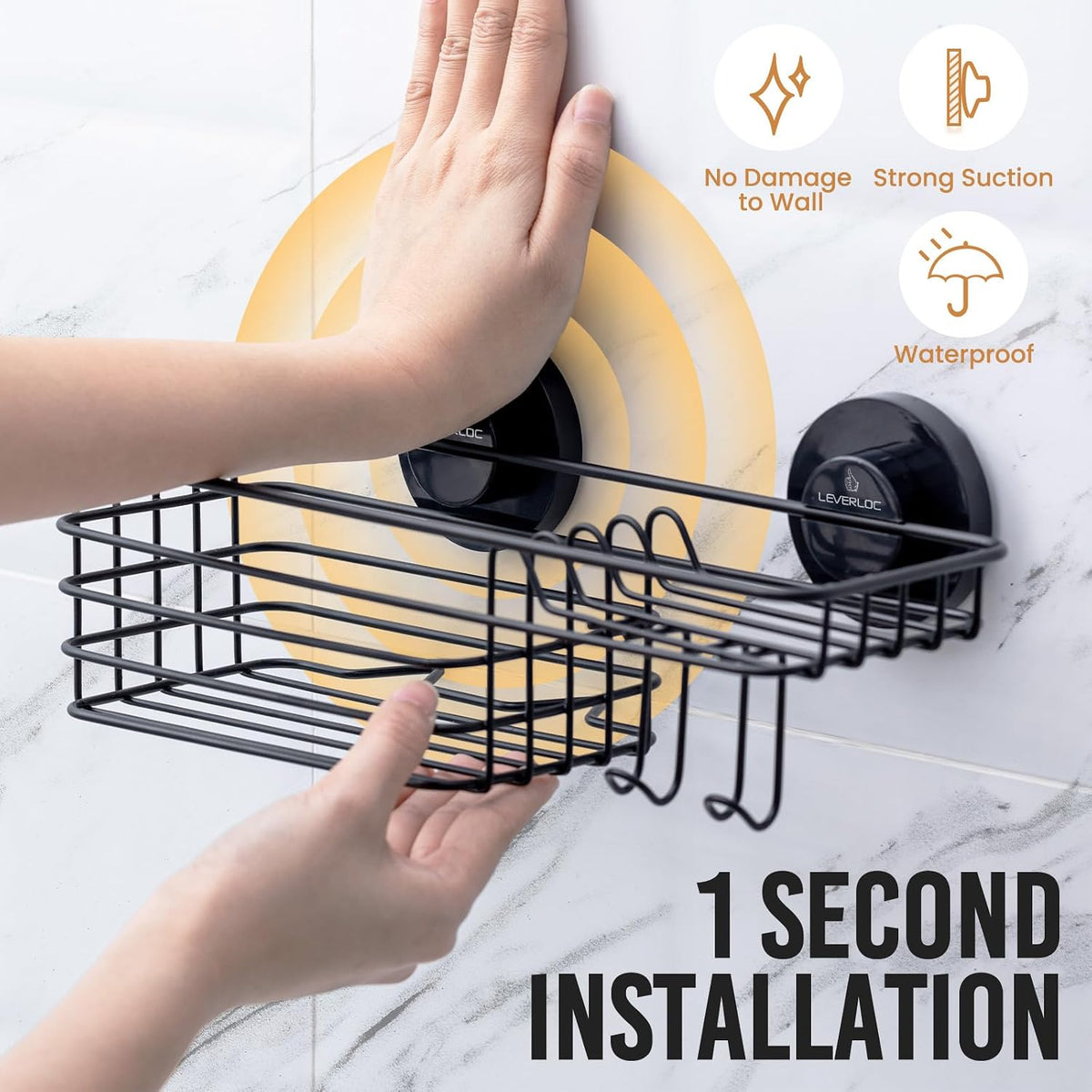 LEVERLOC Shower Caddy Suction Cup, 2 Pack Suction Shower Shelf With Hooks