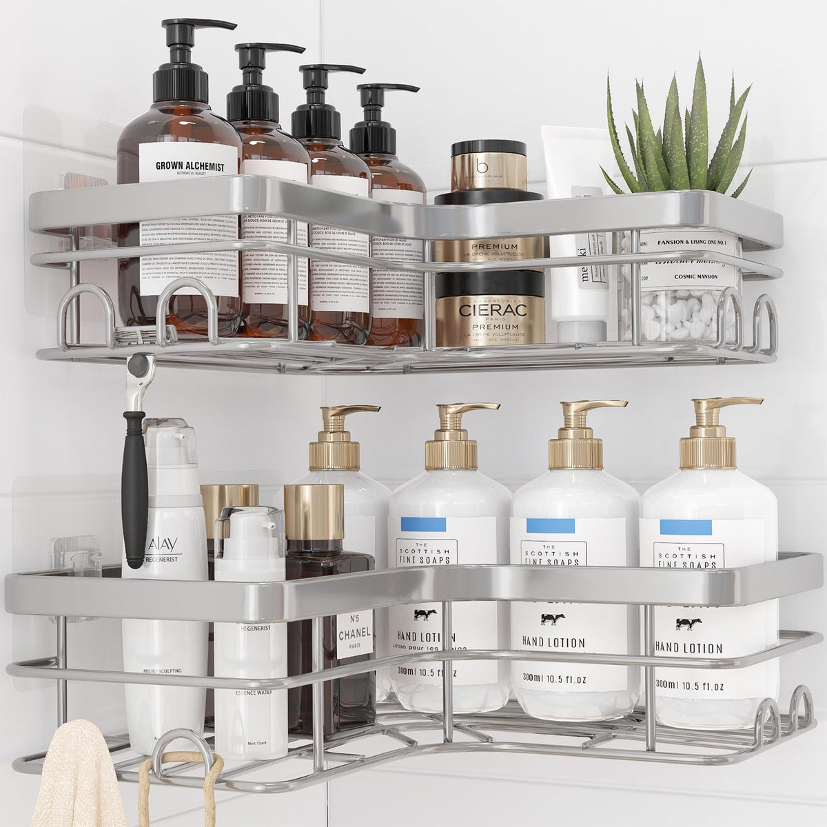 Sakugi Corner Shower Caddy - 2 Pack, Adhesive Shower Organizers, Rustproof Stainless Steel Shower Shelves with 8 Hooks, No Drilling Bathroom Organizers and Storage Racks, Space-Saving, Silver, Medium