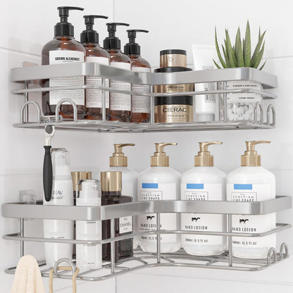 Sakugi Corner Shower Caddy - 2 Pack, Adhesive Shower Organizers, Rustproof Stainless Steel Shower Shelves with 8 Hooks, No Drilling Bathroom Organizers and Storage Racks, Space-Saving, Silver, Medium