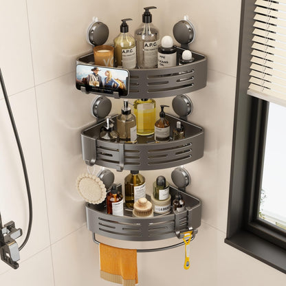 VOLPONE Corner Shower Caddy Suction Cup Shower Shelf Corner No Drilling Bathroom Shower Organizer Storage Rack Adhesive with Towel Bar Hooks (2-Pack,Gray)