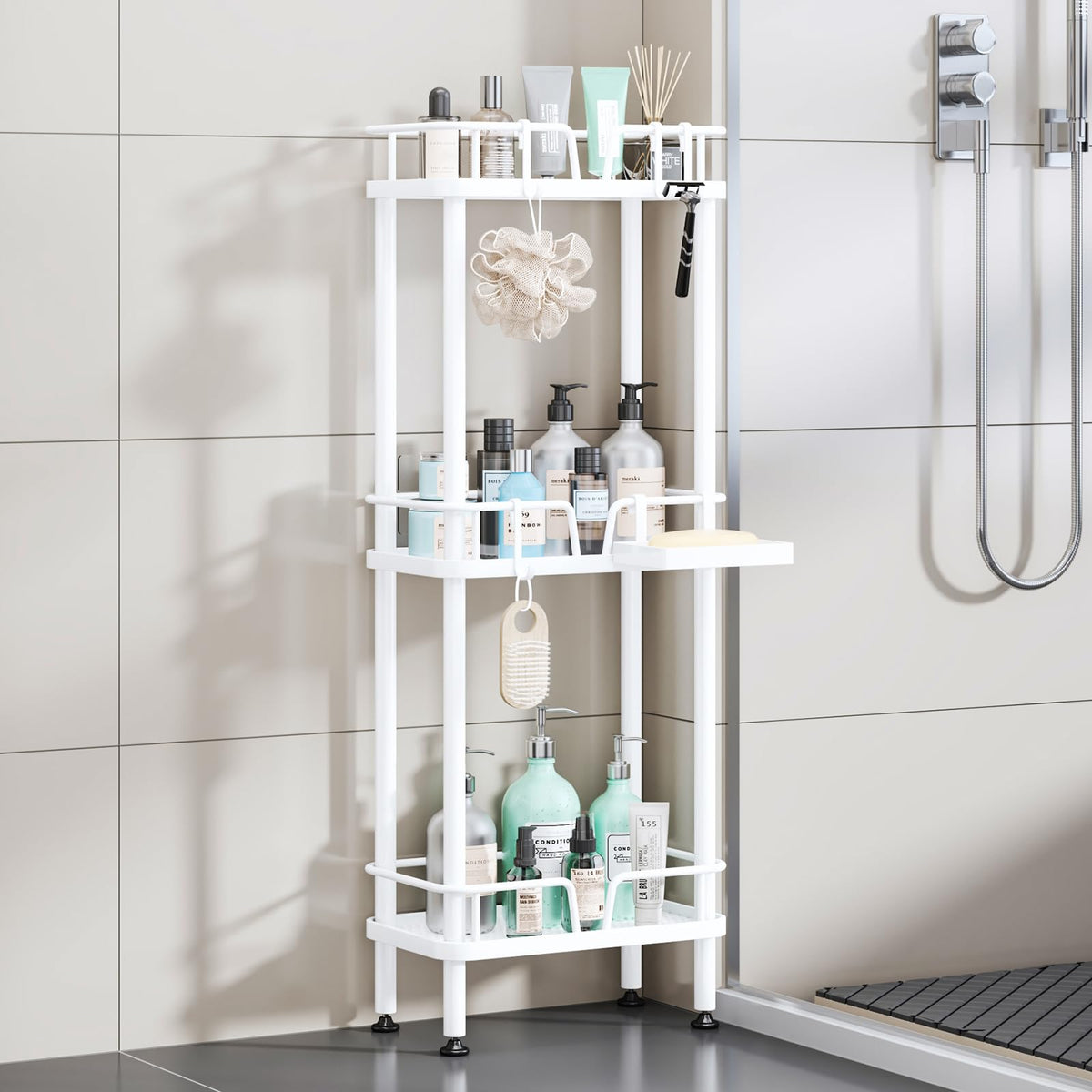 HapiRm Standing Corner Shower Caddy - 3 Tier Corner Shower Organizer with Soap Holder, Rustproof Stainless Steel Bathroom Shelf with 4 Hooks, Black