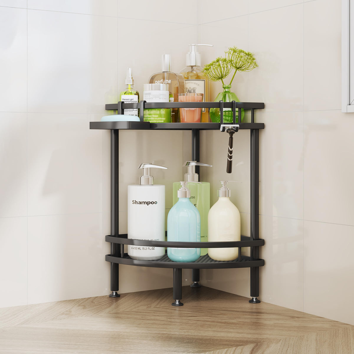 HapiRm Standing Corner Shower Caddy - 3 Tier Shower Organizer Corner with Soap Holder and 4 Hooks, Rustproof Bathroom Storage Shelves with Adhesives, Black