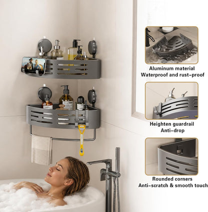 VOLPONE Corner Shower Caddy Suction Cup Shower Shelf Corner No Drilling Bathroom Shower Organizer Storage Rack Adhesive with Towel Bar Hooks (2-Pack,Gray)