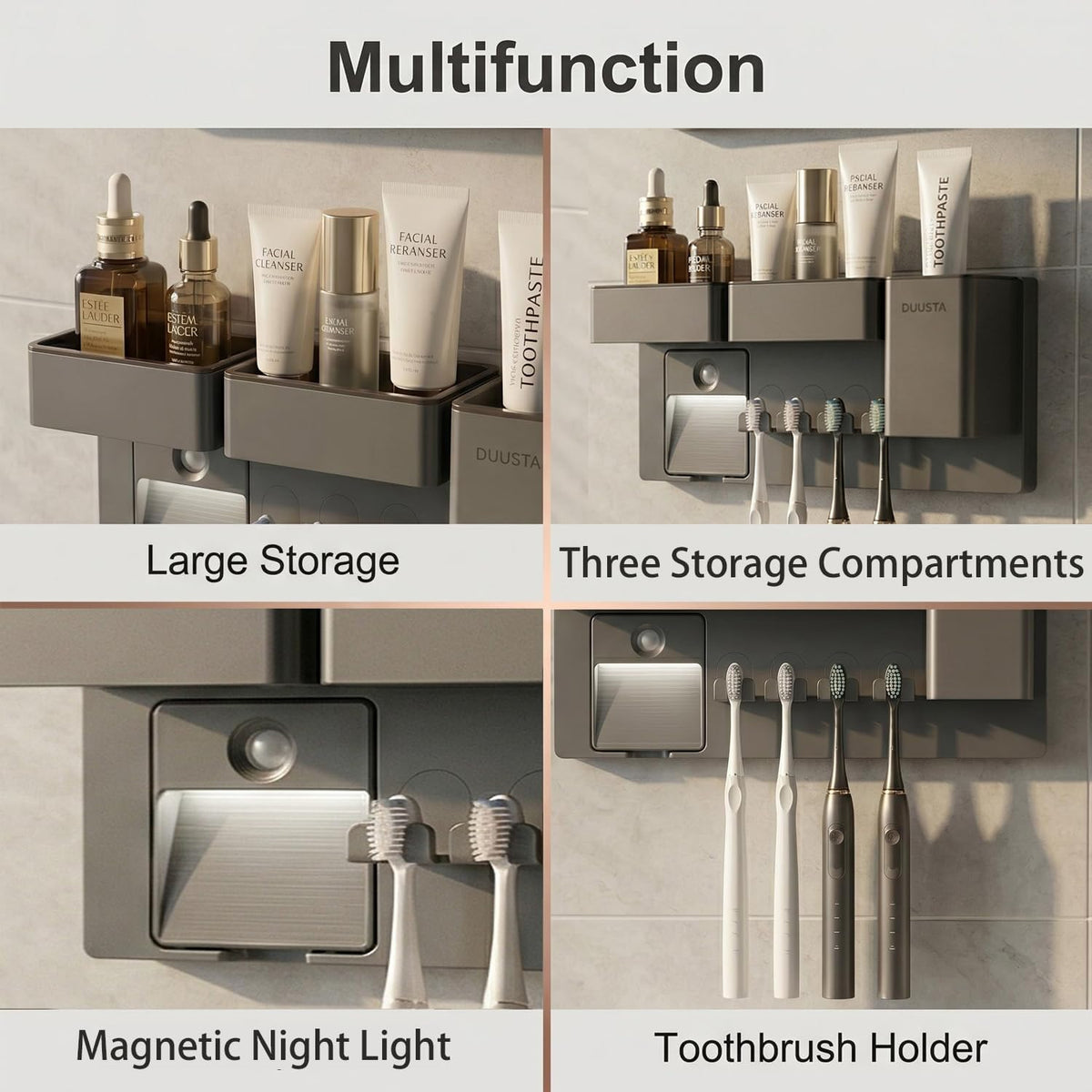 Toothbrush Holders for Bathrooms Toothbrush Holders Wall Mounted with Magnetic Night Light-4 Toothbrush Slots, 3 Independent Storage Compartments Bathroom Decor All-in-One Organizers Accessories Black