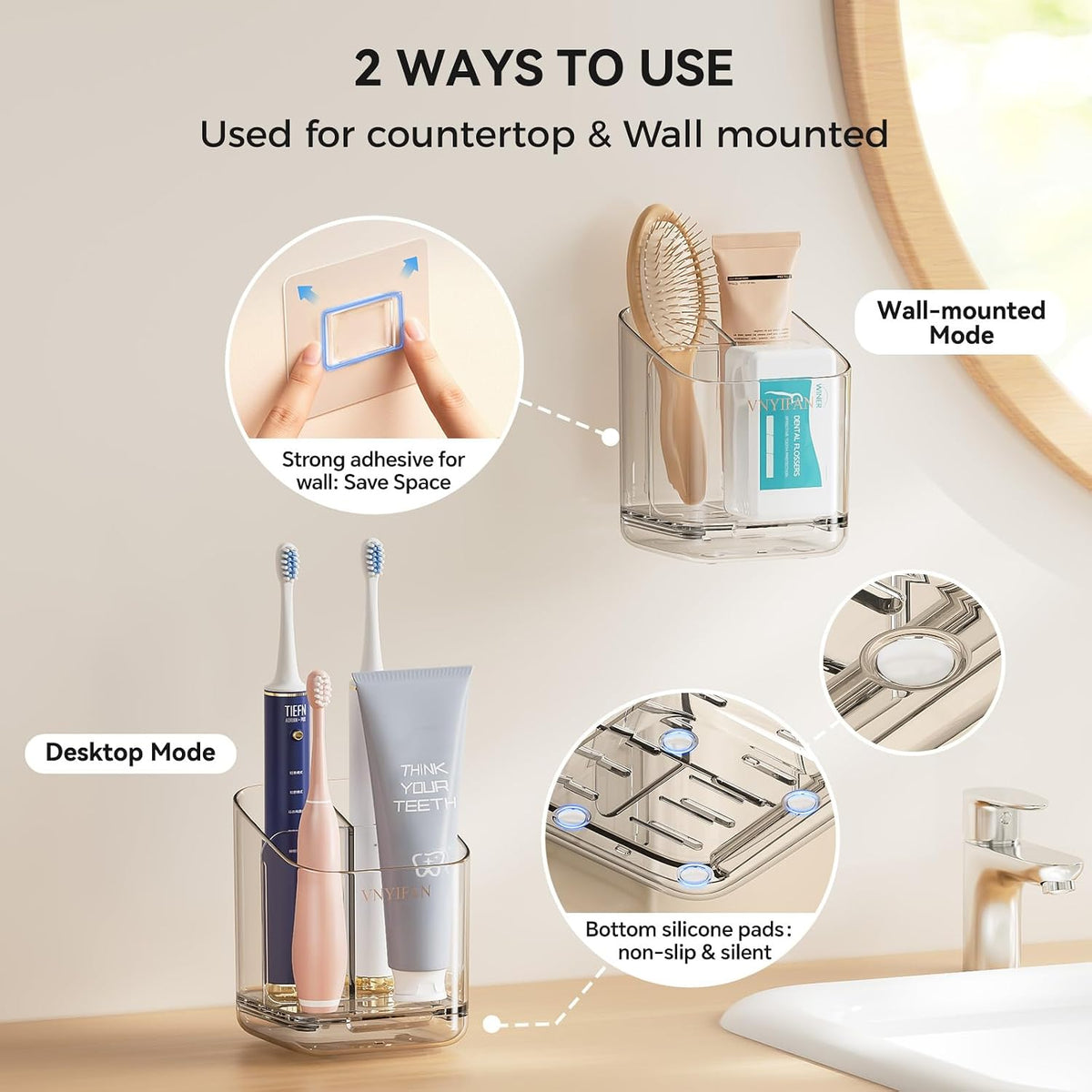 3 Slots Toothbrush Holders with Detachable Dividers for Bathrooms