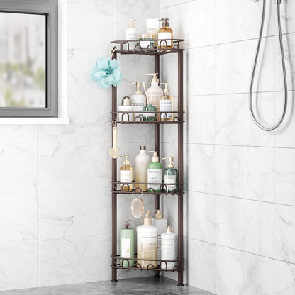 SWTYMIKI Standing Shower Caddy Corner - 3‑Tier Stainless Steel Shower Organizer Shelf with 12 Hooks and Adhesive Pads, Rustproof Corner Shelves Stand Rack for Bathroom Shower Room, Black