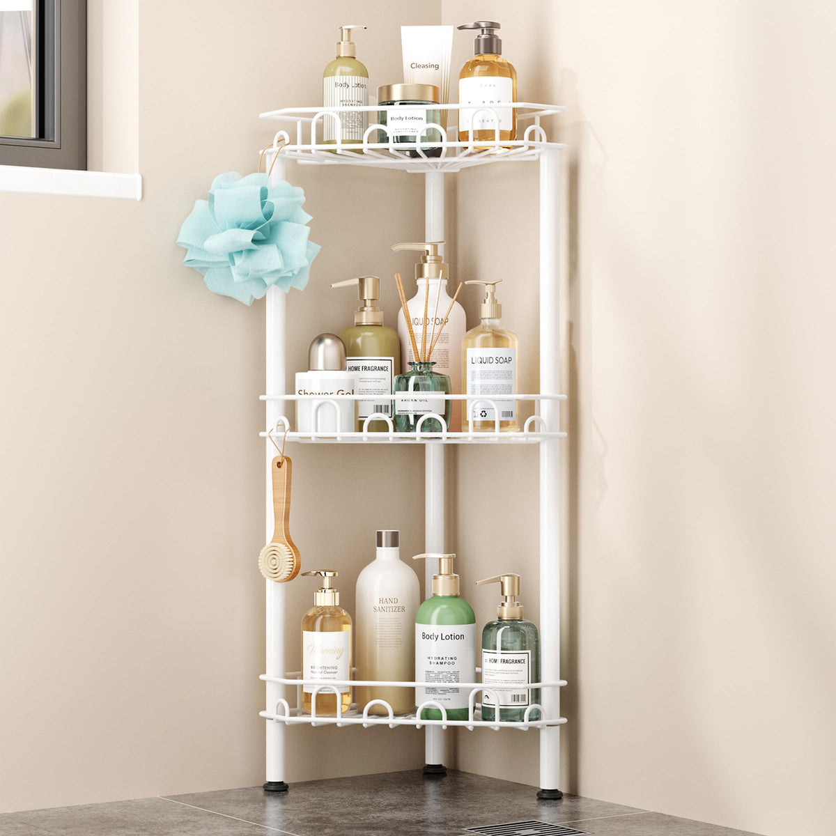 SWTYMIKI Standing Shower Caddy Corner - 3‑Tier Stainless Steel Shower Organizer Shelf with 12 Hooks and Adhesive Pads, Rustproof Corner Shelves Stand Rack for Bathroom Shower Room, Black