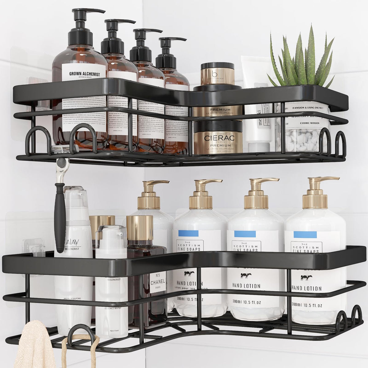 Sakugi Corner Shower Caddy - 2 Pack, Adhesive Shower Organizers, Rustproof Stainless Steel Shower Shelves with 8 Hooks, No Drilling Bathroom Organizers and Storage Racks, Space-Saving, Silver, Medium