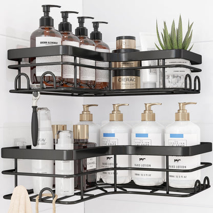 Sakugi Corner Shower Caddy - 2 Pack, Adhesive Shower Organizers, Rustproof Stainless Steel Shower Shelves with 8 Hooks, No Drilling Bathroom Organizers and Storage Racks, Space-Saving, Silver, Medium