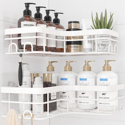 Sakugi Corner Shower Caddy - 2 Pack, Adhesive Shower Organizers, Rustproof Stainless Steel Shower Shelves with 8 Hooks, No Drilling Bathroom Organizers and Storage Racks, Space-Saving, Silver, Medium