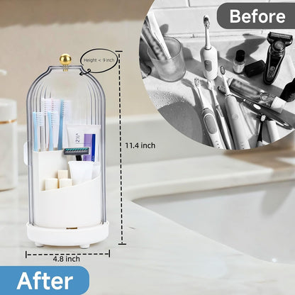 Toothbrush Organizer with Cover,3 Slots for Bathroom Toothbrush Holders with Lid,Dustproof Design,Rotating Holder,Ideal Makeup Brushes Holder for Bathroom Countertop Organization and Storage