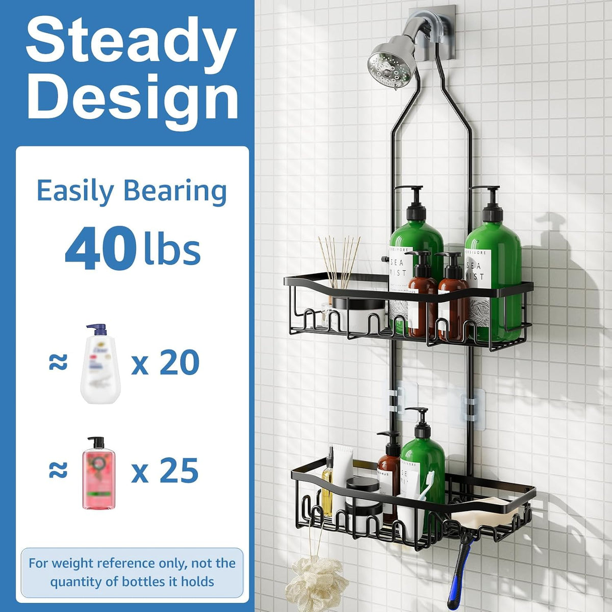 Upgraded Extended Length Shower Organizer with Hooks, Rustproof Shampoo Soap Holder, Large Hanging Bathroom Caddy