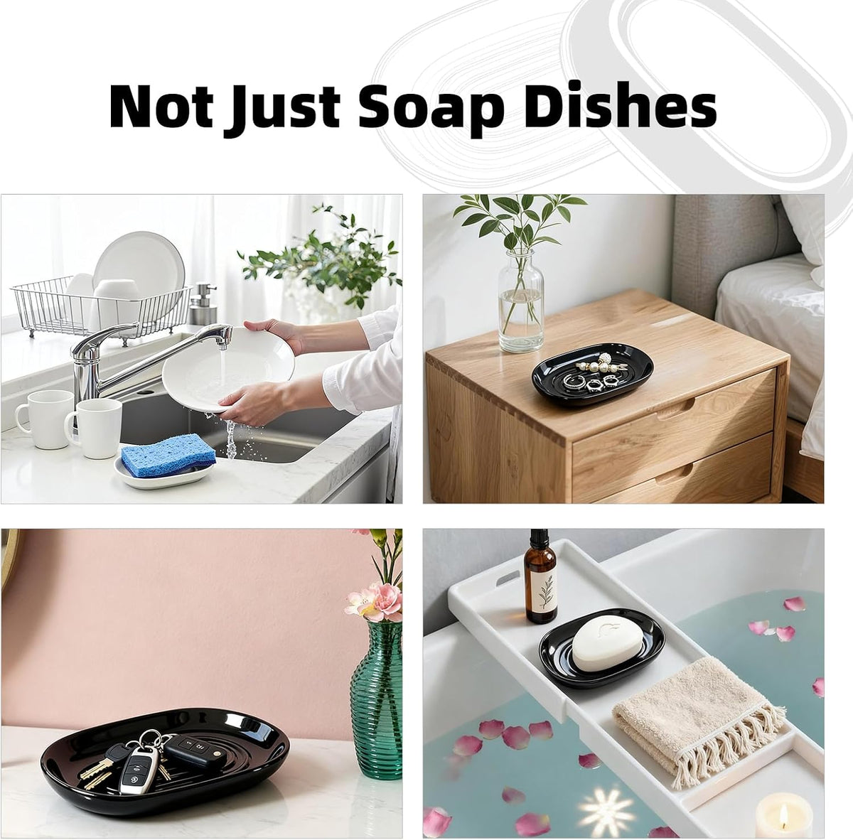 Ceramic Soap Dish for Bath Sink- Modern White Bar Soap Holder for Shower - Easy to Clean Multi-Purpose Oval Soap Dishes for Soap Bar, Sponges, Jewelry, Small Items | Fits Bathroom & Kitchen