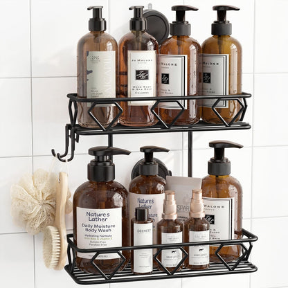 JOTPE Shower Caddy Suction Cup, Powerful Suction Storage Shelf Holds Up to 40 lbs, No Drilling Bathroom Organizer with Large Capacity, Removable & Reusable Shower Basket with Hooks, Rustproof, Black