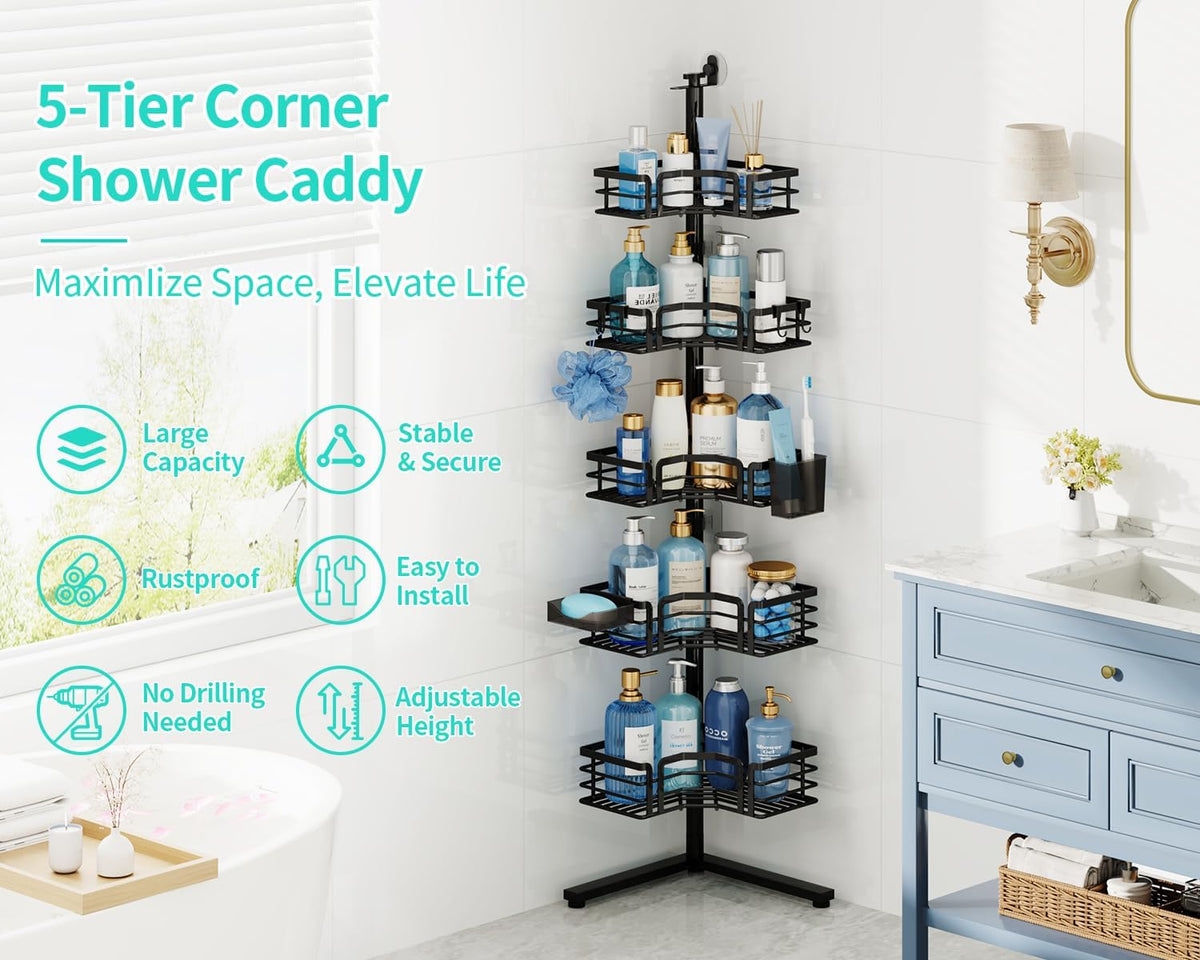HapiRm Corner Shower Caddy Stand - 5-Tier Adjustable Shower Shelves, Black