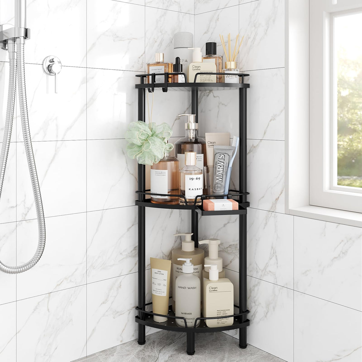 ELYKEN Corner Shower Caddy Standing, 3 Tier Metal Shower Organizer, Black