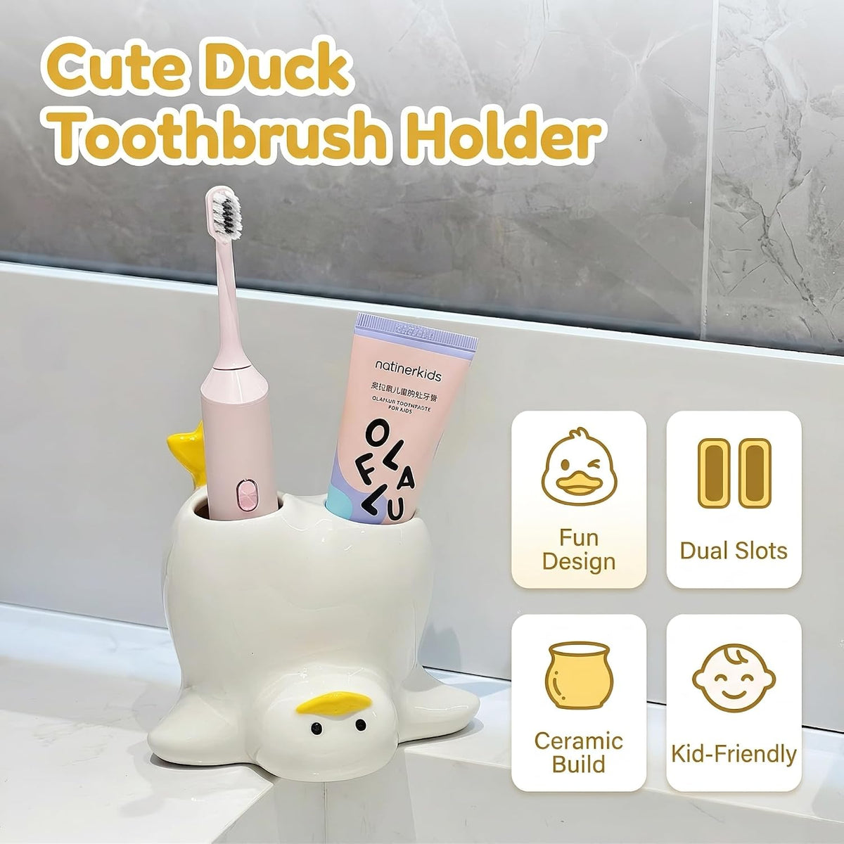 Cute Duck Toothbrush Holder,Ceramic Cartoon Duck Bathroom Decor for Kids