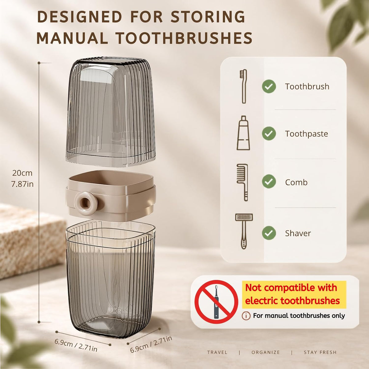 Topavatop Toothbrush Travel Case, 2 in 1 Toothbrush Holder and Rinse Cup, Large Capacity Toothbrush Cup with Cover, Portable Travel Toothbrush Holder for Traveling, Camping, Trip - 1Pcs - Beige&Clear