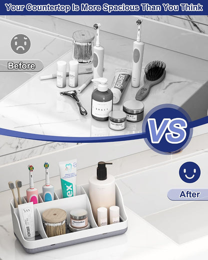 Bathroom Counter Organizer and Storage, 7 Slots Detachable Toothbrush Holders for Bathrooms, Anti-Slip Electric Toothbrush and Toothpaste Holder Countertop Vanity Organizer Accessories for Adults Kids