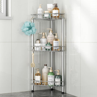 SWTYMIKI Standing Shower Caddy Corner - 3‑Tier Stainless Steel Shower Organizer Shelf with 12 Hooks and Adhesive Pads, Rustproof Corner Shelves Stand Rack for Bathroom Shower Room, Black