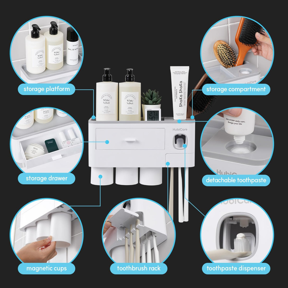 HubiCare Toothbrush Holder with Toothpaste Dispenser Wall Mounted for Bathroom, Automatic Toothpaste Squeezer, Bathroom Organization and Storage, 5 Toothbrush Slots (3 Cups)