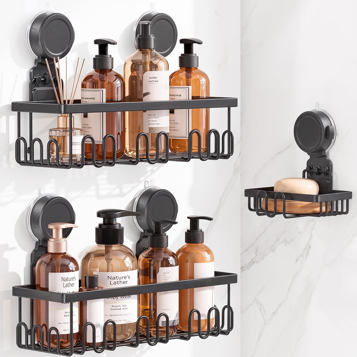 JOTPE Shower Caddy Suction Cup, Powerful Suction Storage Shelf Holds Up to 40 lbs, No Drilling Bathroom Organizer with Large Capacity, Removable & Reusable Shower Basket with Hooks, Rustproof, Black