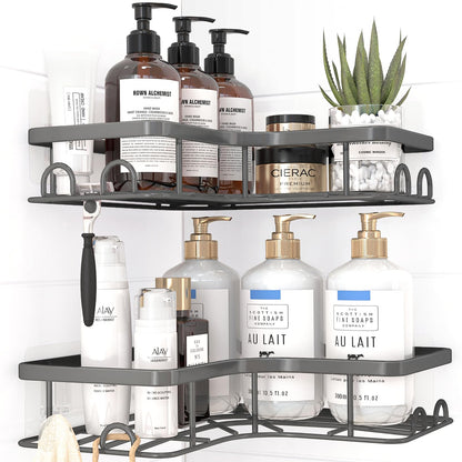 Sakugi Corner Shower Caddy - 2 Pack, Adhesive Shower Organizers, Rustproof Stainless Steel Shower Shelves with 8 Hooks, No Drilling Bathroom Organizers and Storage Racks, Space-Saving, Silver, Medium