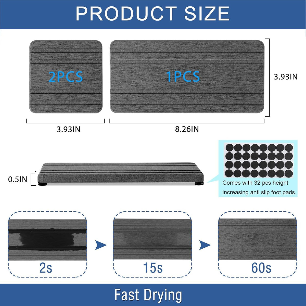 3PCS Water Absorbing Stone Tray, DryingNeat Diatomite Stone Sink Tray, Instant Dry Sink Coasters, Kitchen Sponge Hand Soap Holder, Countertop Fast Drying Counter Trays,8 * 4inch and 4 * 4inch