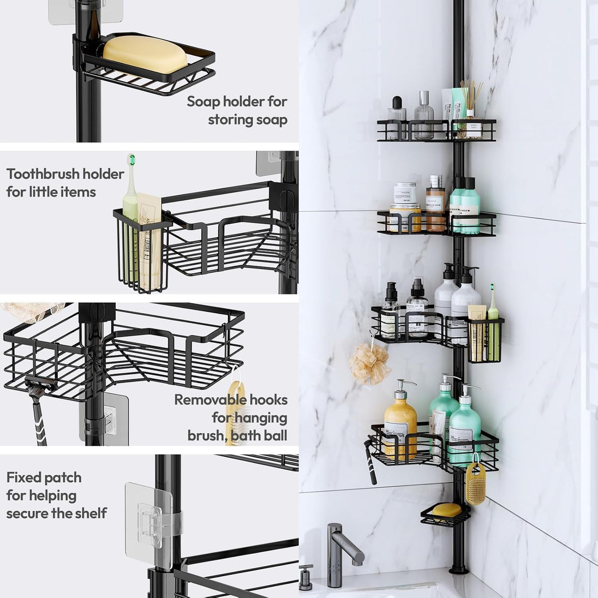 SWTYMIKI Shower Caddy Tension Pole - 4-Tier Corner Shower Organizer Tension Rod with Soap Holder, Toothbrush Holder & 4 Hooks, Adjustable Stainless Steel Bathroom Organizer 27.6 to 108.3 inch, Black