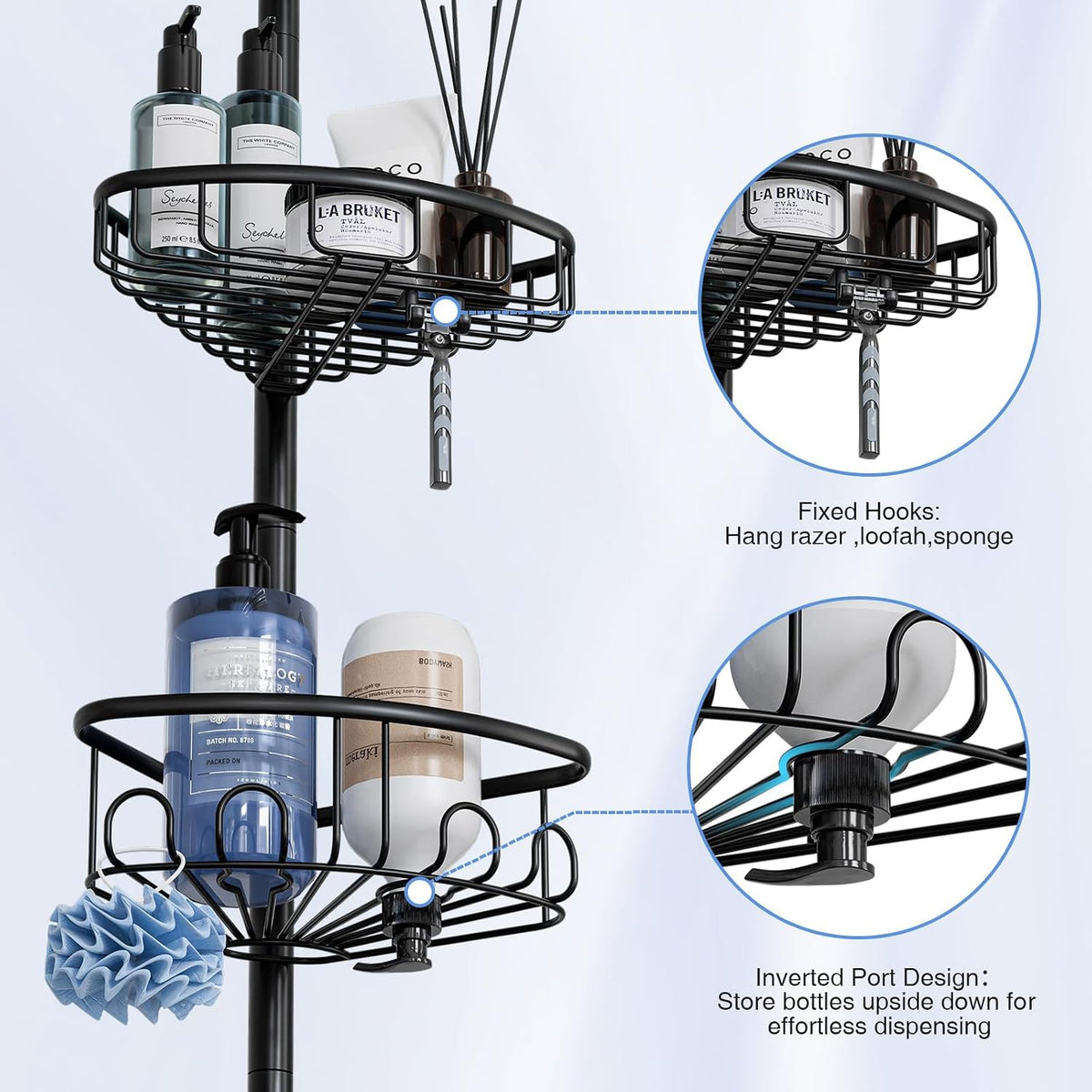 Corner Shower Caddy Tension Pole: Stainless Steel Rustproof 4-Tier Shower Organizer - 47-121 inch Adjustable Bathroom Shelves for Bathtub Shampoo Storage - Tension Rod Floor Standing Bath Rack - Black