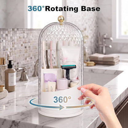QIYVLOS Toothbrush Holders with Sliding Lid, Rotating 3 Slots Bathroom Organizer Countertop, Tooth Brush Toothpaste Holder Bathroom Counter Stand Caddy for Vanity Makeup Brushes Holder (White)