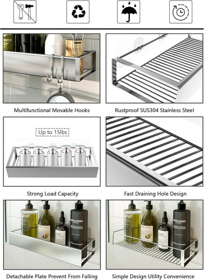 Bathroom Adhesive Shower Caddy Basket Shelf with Hooks, No Drilling Removable Bathroom Shelf Organizer,Stainless Steel Rustproof Shower Rack for Shampoo Storage, Sponge Holder-Silver