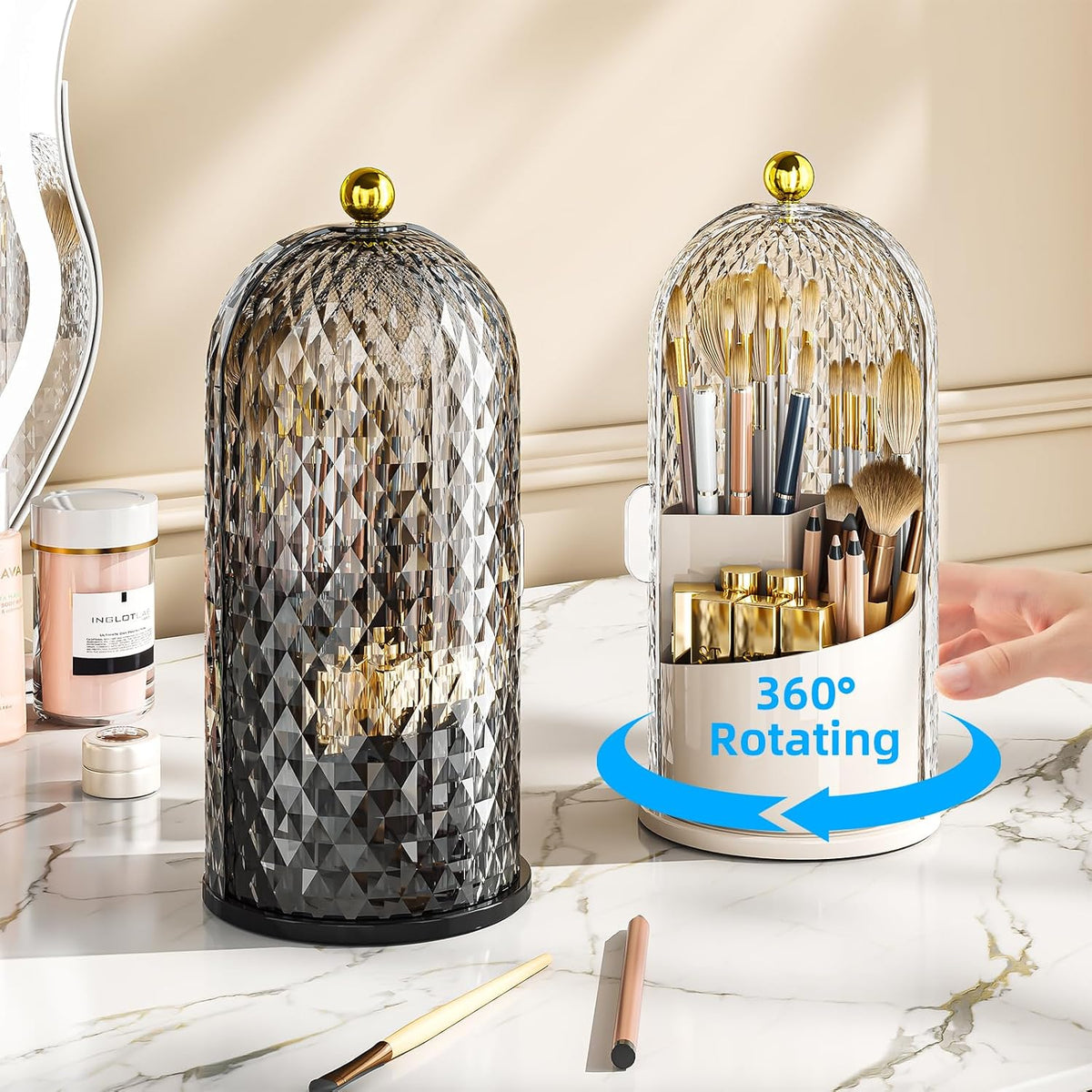Dustproof Toothbrush Holder with Lid, 360 Rotating Countertop Electric Toothbrush Toothpaste Holders with Cover for Bathroom, 3 Slots Makeup Brush Holder with Lid for Vanity, Black