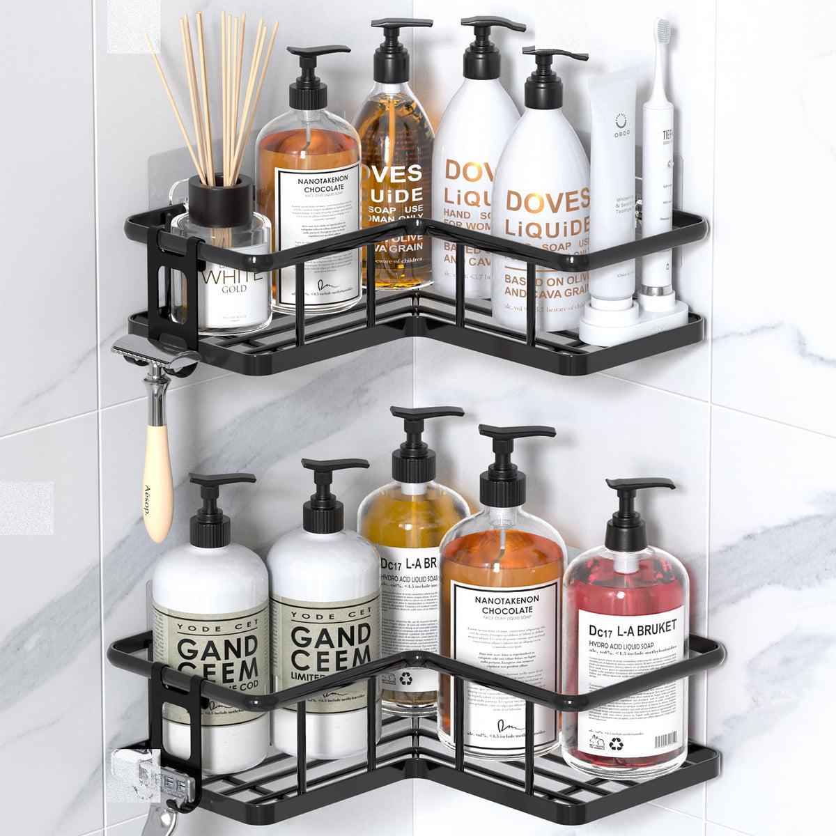 YASONIC Corner Shower Caddy Adhesive, 100% Rustproof Shower Organizer, No Drill Shower Shelf for Inside Shower, Wall-Mounted Shower Storage for Homes (2 Pack, White)