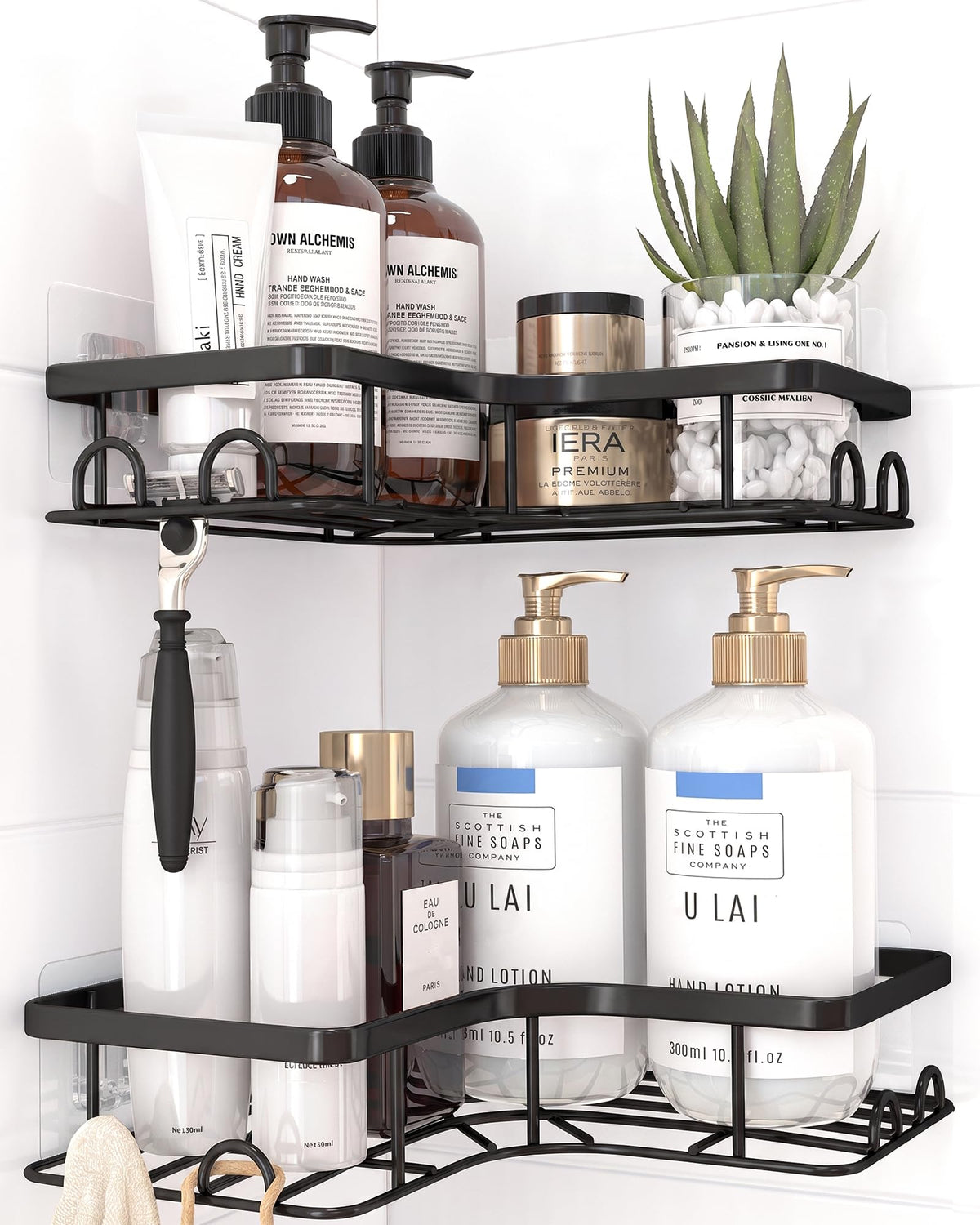 Sakugi Corner Shower Caddy - 2 Pack, Adhesive Shower Organizers, Rustproof Stainless Steel Shower Shelves with 8 Hooks, No Drilling Bathroom Organizers and Storage Racks, Space-Saving, Silver, Medium