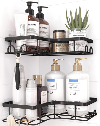 Sakugi Corner Shower Caddy - 2 Pack, Adhesive Shower Organizers, Rustproof Stainless Steel Shower Shelves with 8 Hooks, No Drilling Bathroom Organizers and Storage Racks, Space-Saving, Silver, Medium