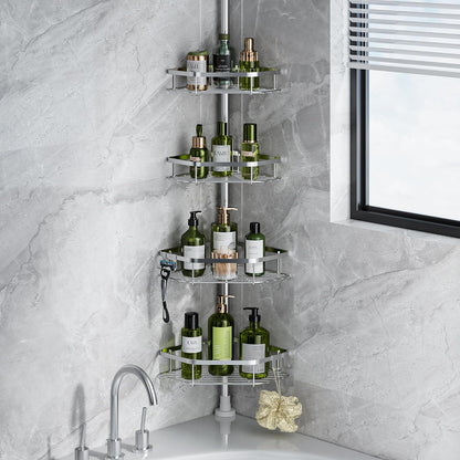 LAMU Corner Shower Caddy Tension Pole, 4-Tier Stainless Steel Organizer