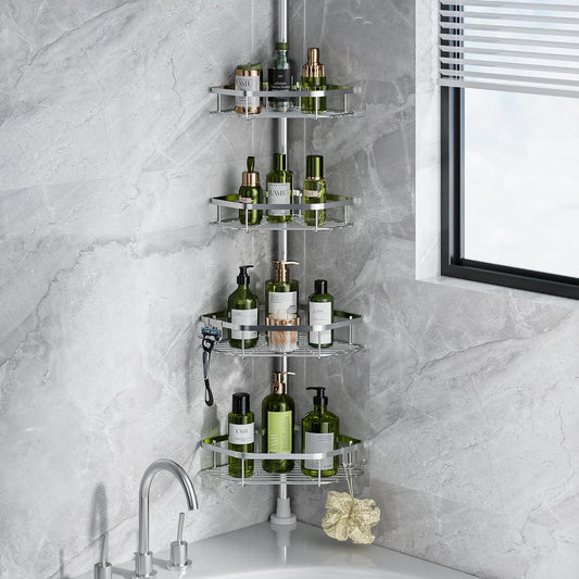 LAMU Corner Shower Caddy Tension Pole, 4-Tier Stainless Steel Organizer
