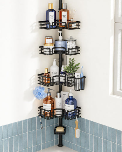 SWTYMIKI Shower Caddy Tension Pole - 4-Tier Corner Shower Organizer Tension Rod with Soap Holder, Toothbrush Holder & 4 Hooks, Adjustable Stainless Steel Bathroom Organizer 27.6 to 108.3 inch, Black