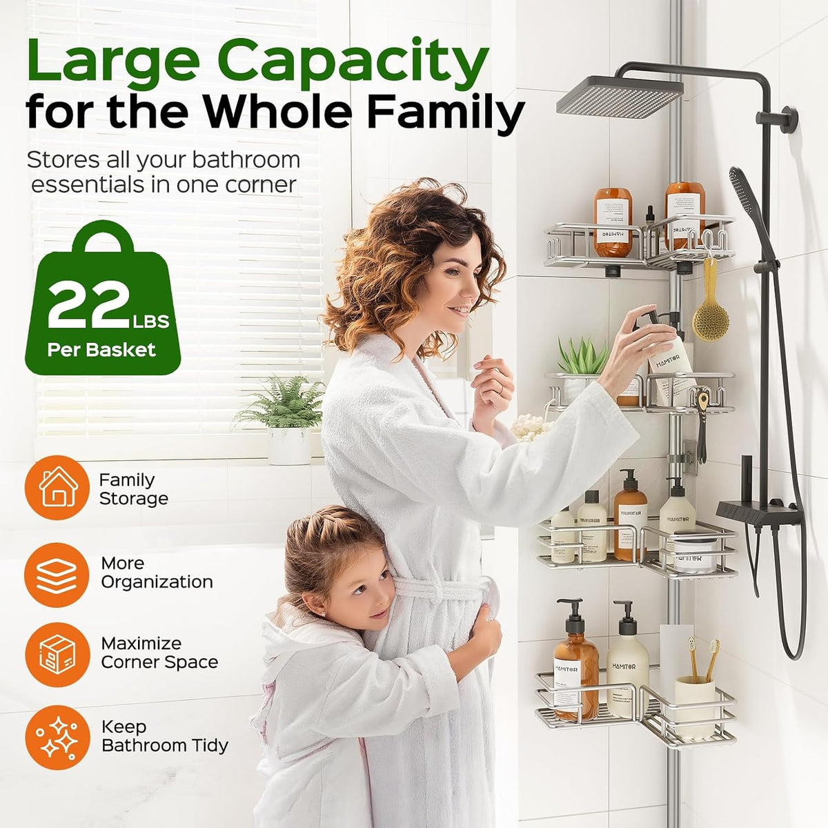 HAMITOR Shower Caddy Tension Pole, 4-Tier No Drill Corner Shower Organizer