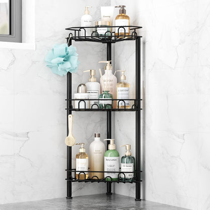 SWTYMIKI Standing Shower Caddy Corner - 3‑Tier Stainless Steel Shower Organizer Shelf with 12 Hooks and Adhesive Pads, Rustproof Corner Shelves Stand Rack for Bathroom Shower Room, Black