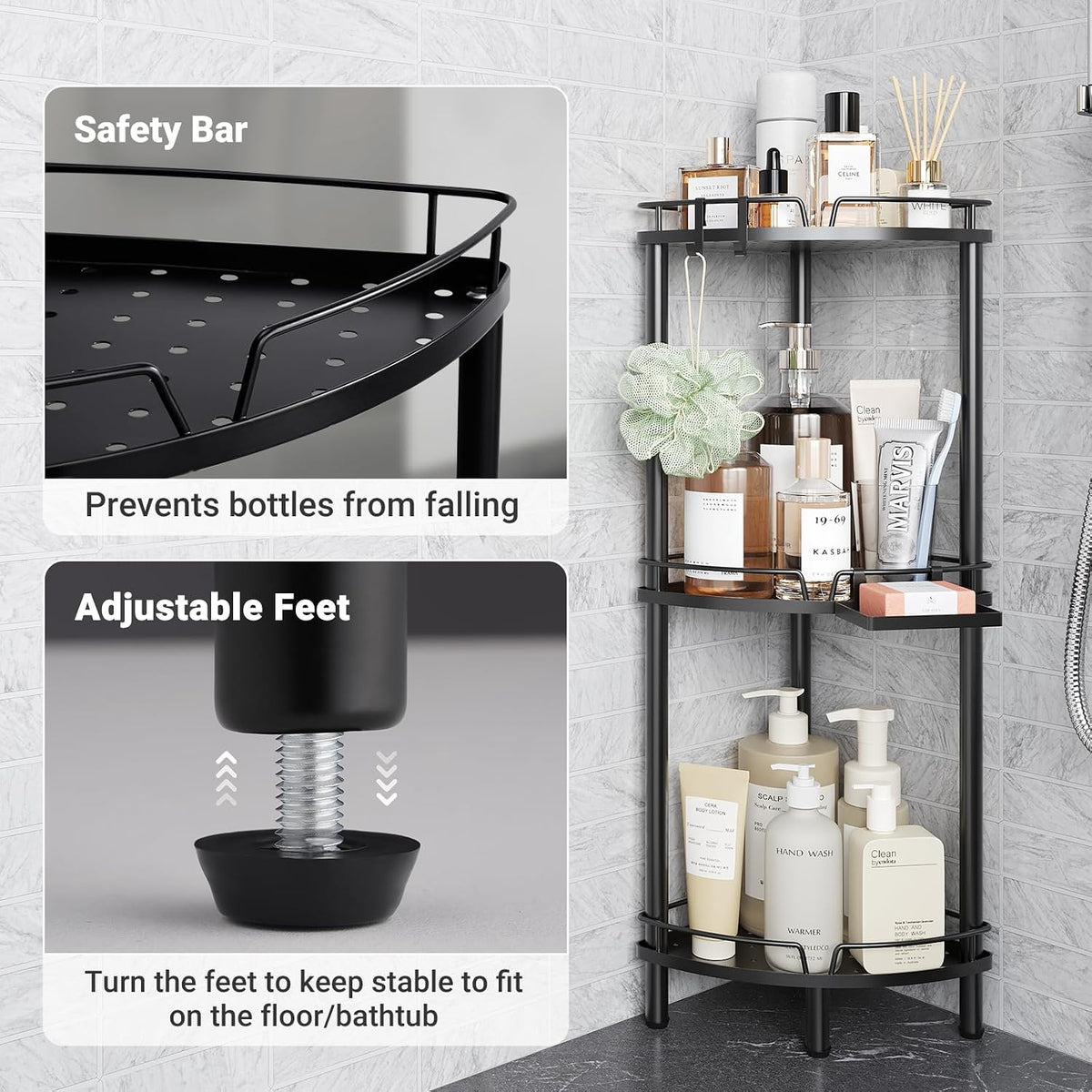 ELYKEN Corner Shower Caddy Standing, 3 Tier Metal Shower Organizer, Black