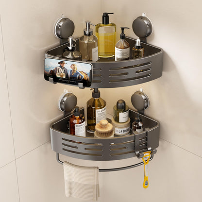 VOLPONE Corner Shower Caddy Suction Cup Shower Shelf Corner No Drilling Bathroom Shower Organizer Storage Rack Adhesive with Towel Bar Hooks (2-Pack,Gray)