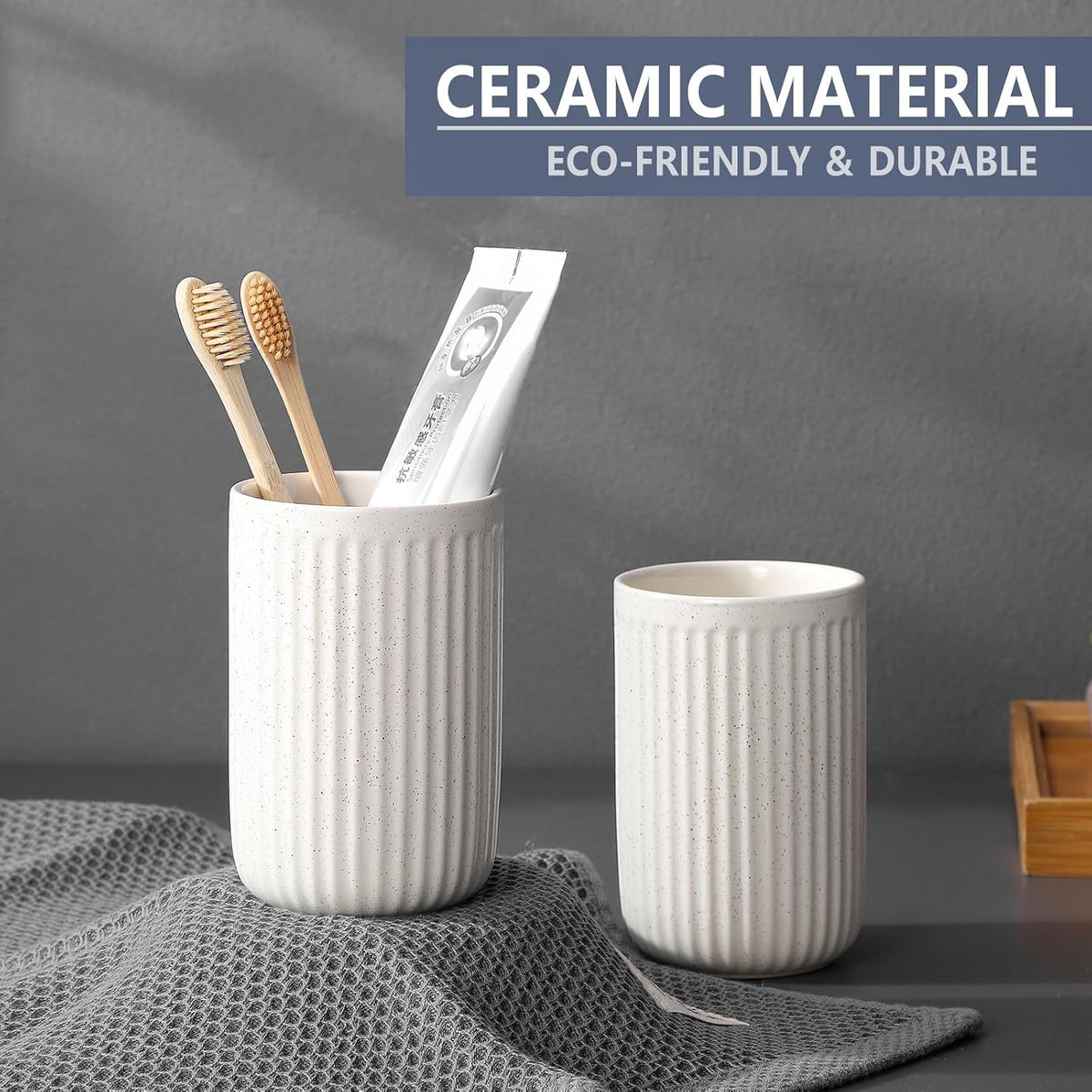 Toothbrush Holders - 2 Cup Ceramic Toothbrush Toothpaste Holders Set, Beige Bathroom Tumbler Cups Reusable Toothbrush Mouthwash Cup, Bathroom Counter Organizer