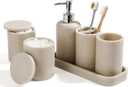 Bathroom Accessories Set, 6-Piece Bathroom Accessory Set, Toothbrush Holders Set, Soap Dispenser, Vanity Tray, Tumbler, Cotton Swab Jars, Bathroom Organizer for Modern Bathrooms(Beige)