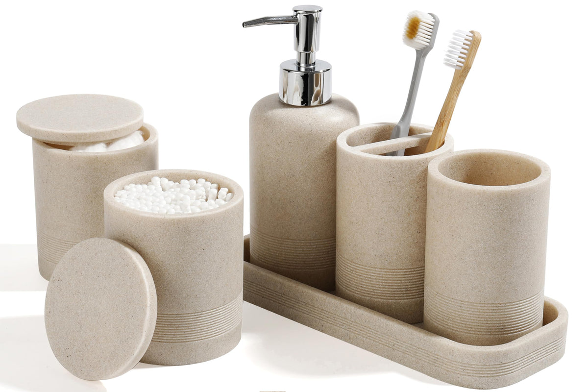 Bathroom Accessories Set, 6-Piece Bathroom Accessory Set, Toothbrush Holders Set, Soap Dispenser, Vanity Tray, Tumbler, Cotton Swab Jars, Bathroom Organizer for Modern Bathrooms(Beige)