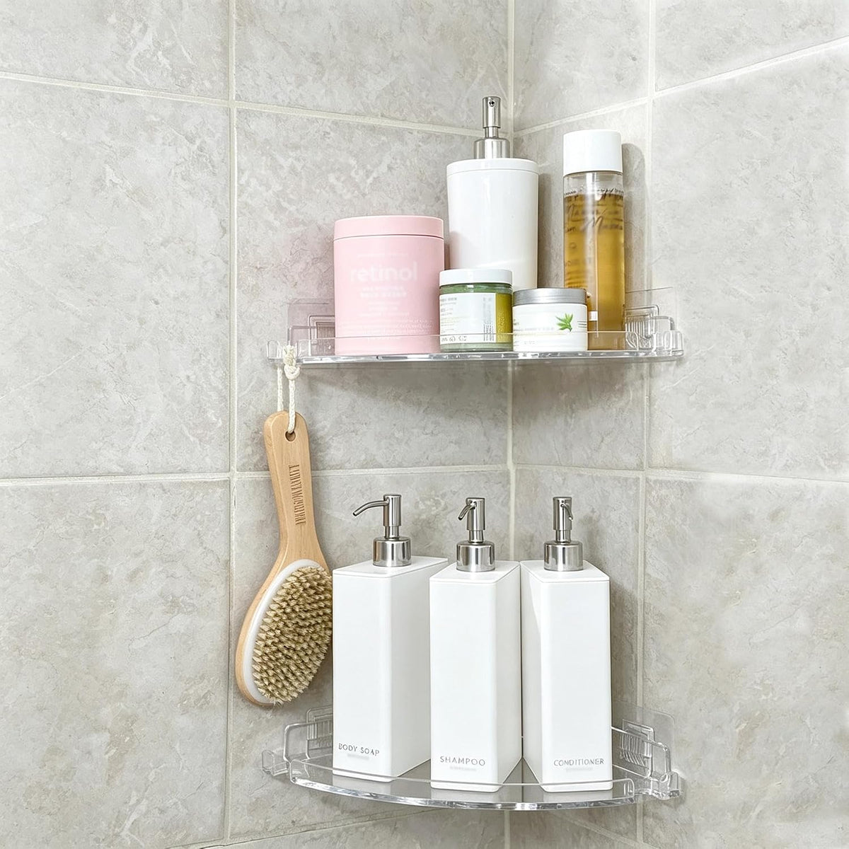 JiePai Adhesive Acrylic Corner Shower Caddy 2 Pack, Rustproof Bath Shelf