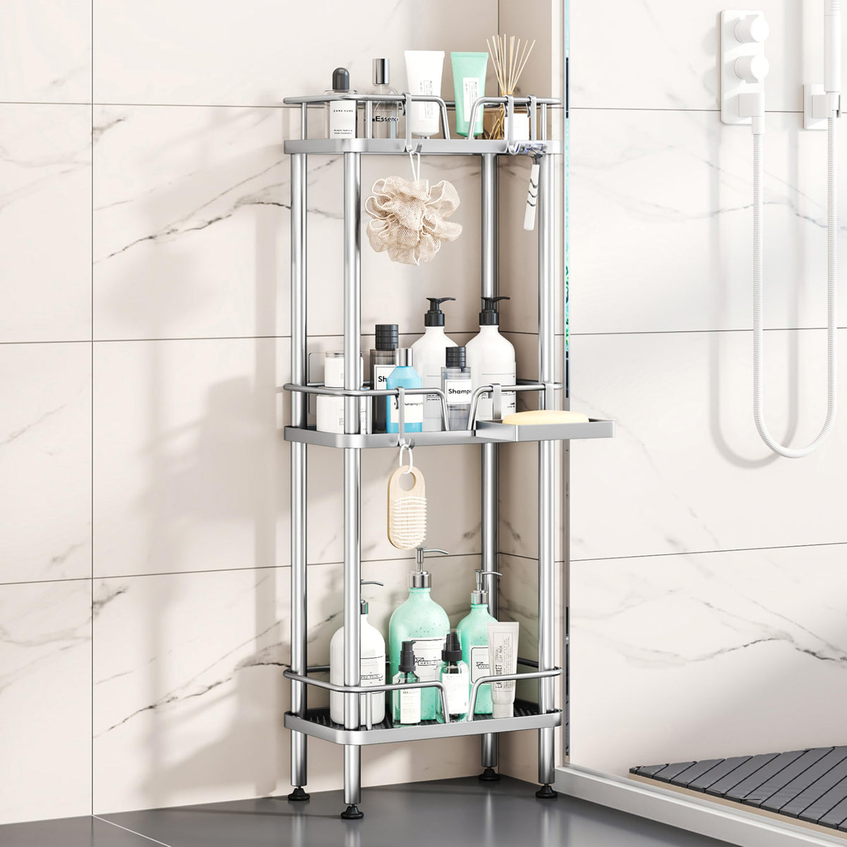 HapiRm Standing Corner Shower Caddy - 3 Tier Corner Shower Organizer with Soap Holder, Rustproof Stainless Steel Bathroom Shelf with 4 Hooks, Black