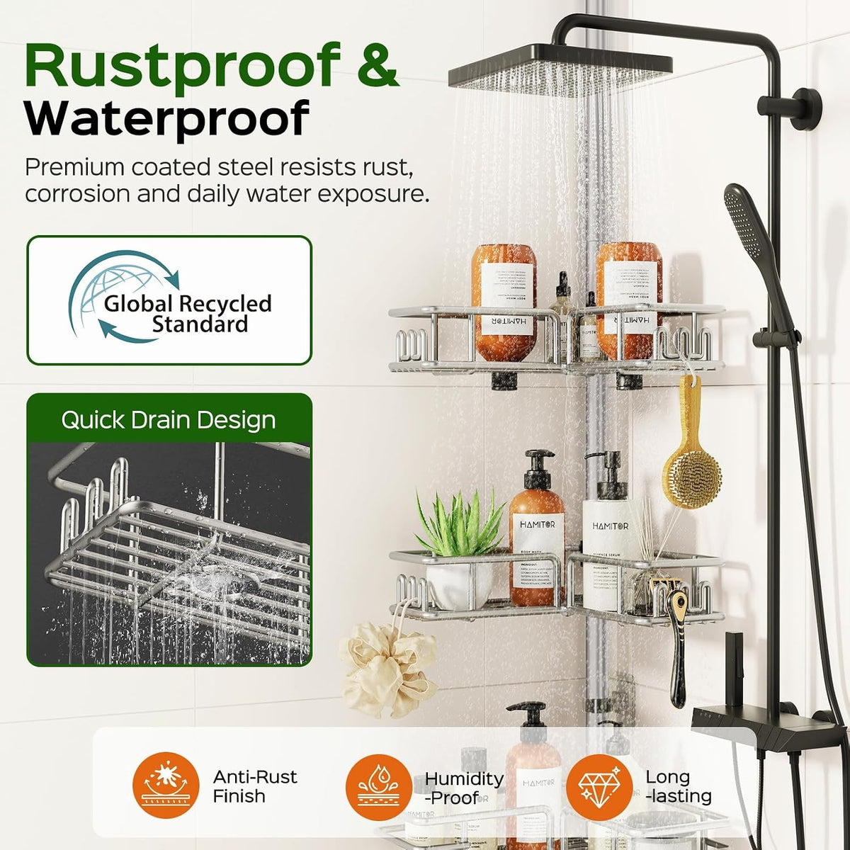 HAMITOR Shower Caddy Tension Pole, 4-Tier No Drill Corner Shower Organizer