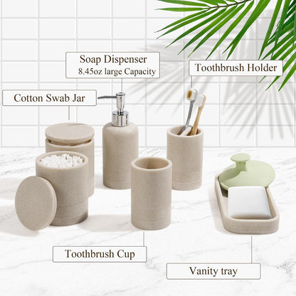 Bathroom Accessories Set, 6-Piece Bathroom Accessory Set, Toothbrush Holders Set, Soap Dispenser, Vanity Tray, Tumbler, Cotton Swab Jars, Bathroom Organizer for Modern Bathrooms(Beige)